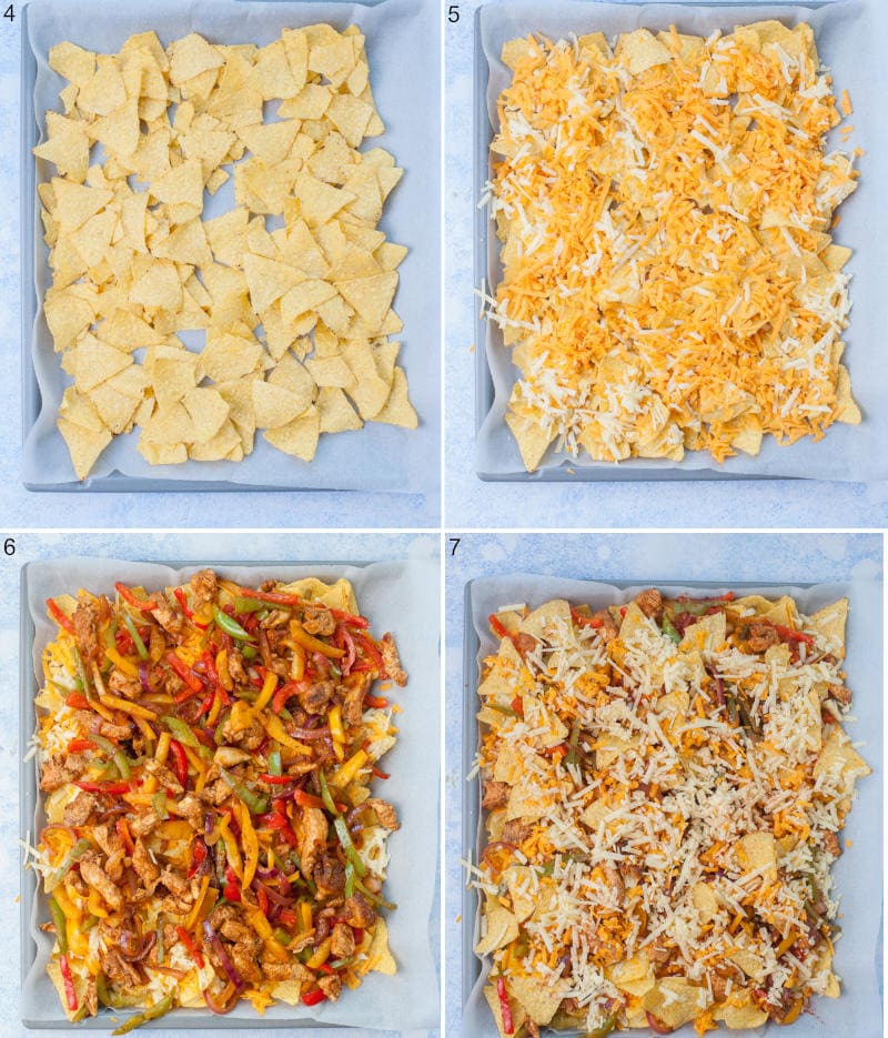 A collage of 4 photos showing assembling steps of chicken fajita nachos.