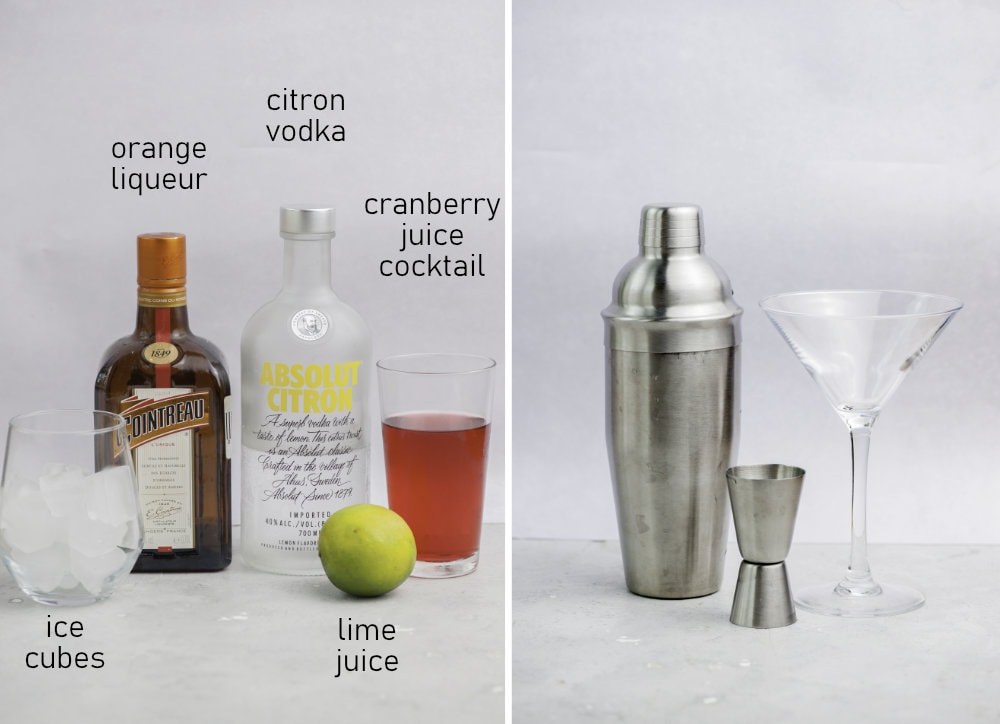 Labeled ingredients and tools needed to prepare Cosmopolitan cocktail.