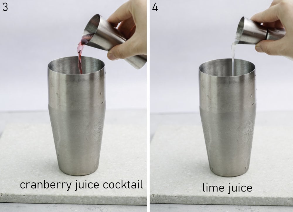 Cranberry juice and lime juice are being added to a cocktail shaker.