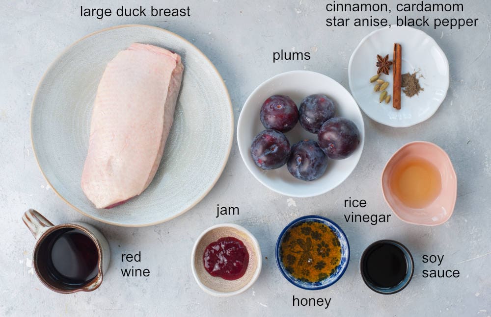Labeled ingredients for duck breast in plum sauce.