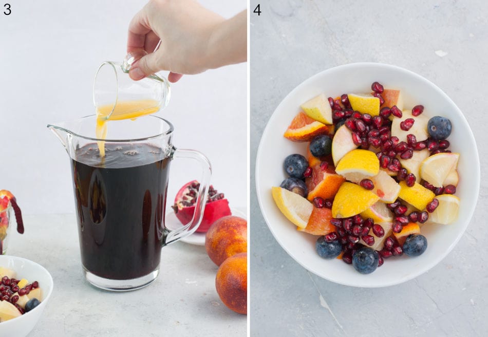 Orange juice is being poured into a pitcher. Fruit salad in a small bowl.