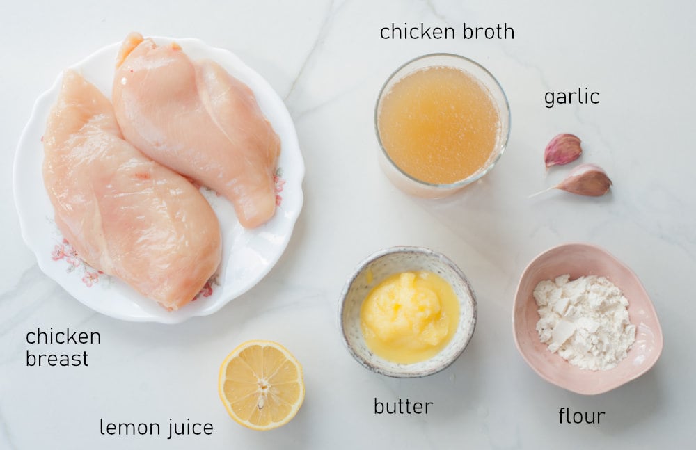 Labeled ingredients for lemon butter chicken.