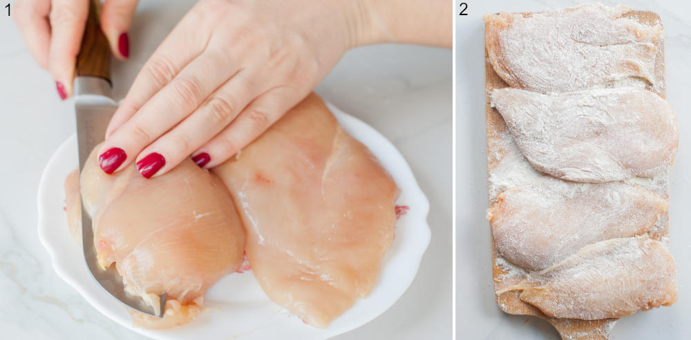 Chicken breasts are being cut into fillets. Chicken fillets dredges in flour on a chopping board.