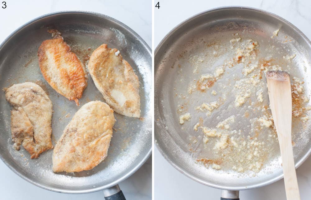 Pan-fried chicken fillets in a pan. Butter and garlic in a pan.