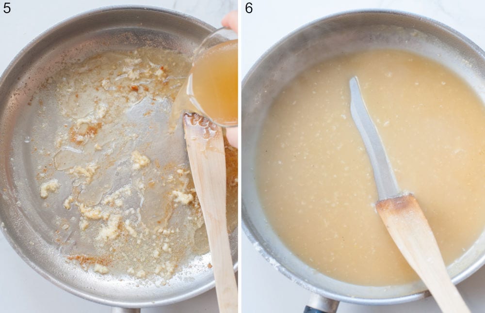 Broth is being added to a pan. Lemon butter sauce in a pan.