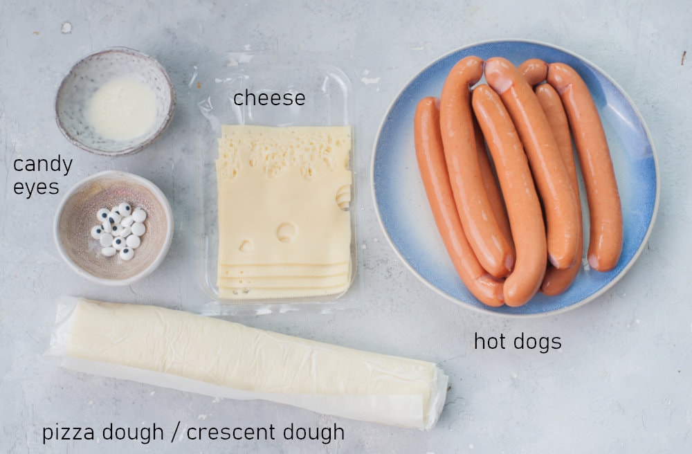 Labeled ingredients for mummy hot dogs.