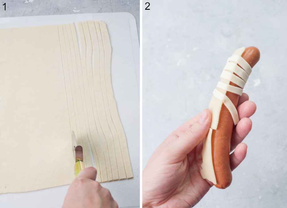 A rolled out dough is being cut into strips. A pastry dough is being wrapped around a hot dog.