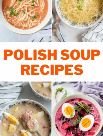 A collage of 4 photos showing soups. An inscription that says "Polish soup recipes".
