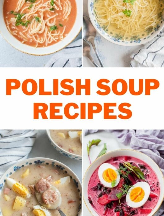 A collage of 4 photos showing soups. An inscription that says "Polish soup recipes".