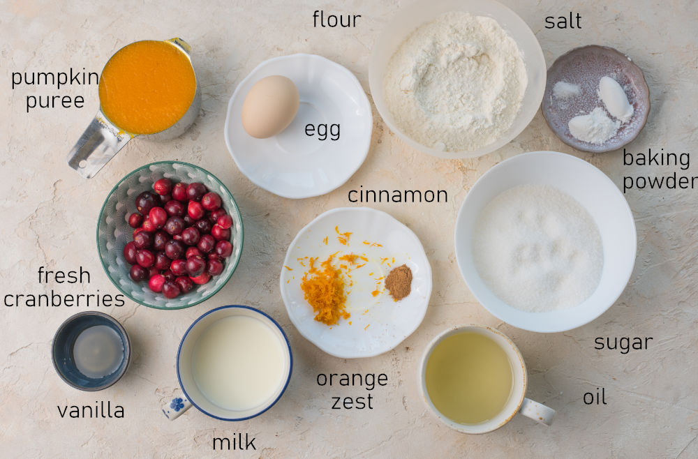 Labeled ingredients for pumpkin cranberry muffins.