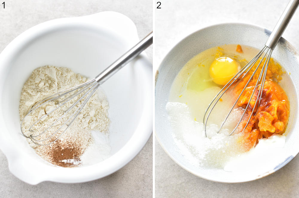 Dry ingredients for muffins in a white bowl. Wet ingredients for muffins in a blue bowl.