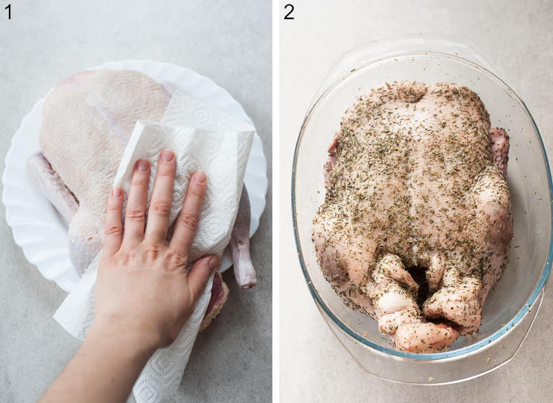 A duck is being patted dry with paper towels. A duck rubbed with herbs in a baking dish.