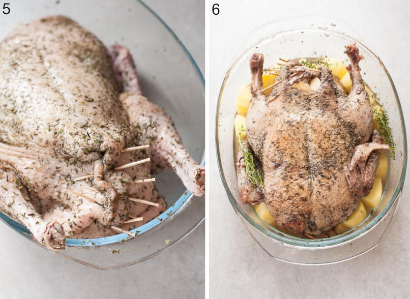 A duck in a baking dish with a cavity closed with toothpicks. A duck in a baking dish with potatoes.