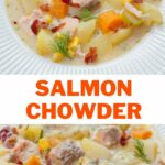 Salmon chowder pinnable image.