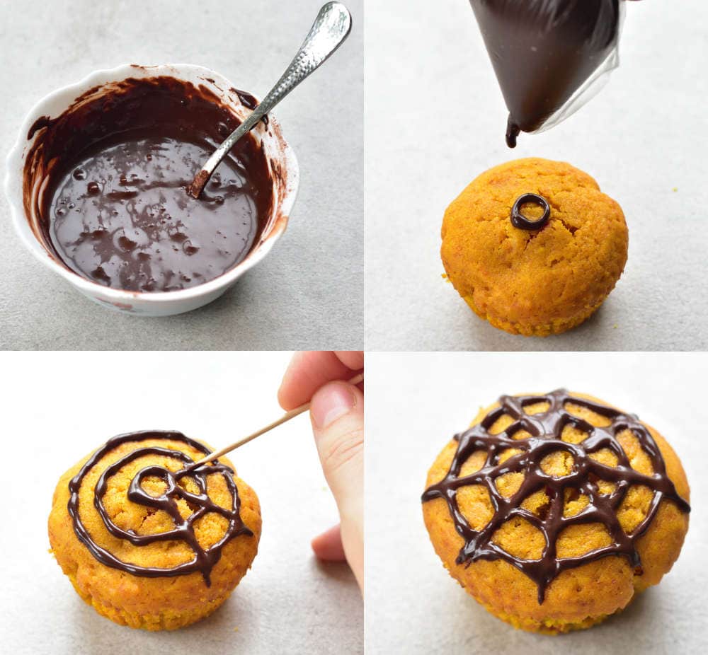 A collage of 4 photos showing how to decorate pumpkin muffins with cocoa icing for Halloween.