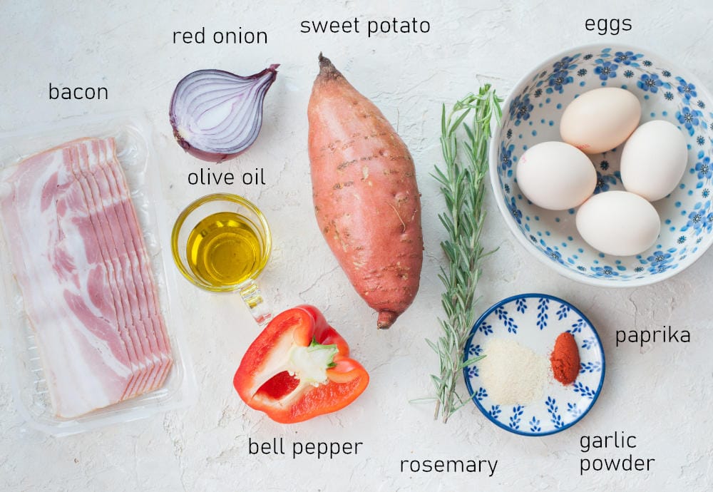 Labeled ingredients for sweet potato breakfast hash.