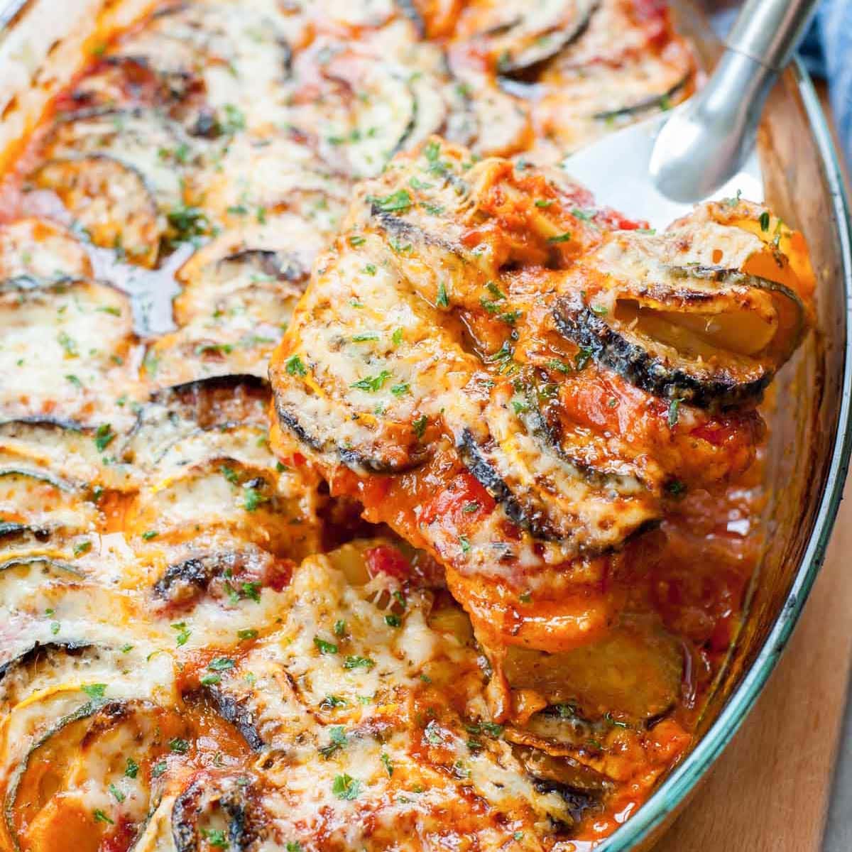 Baked ratatouille in a baking dish.