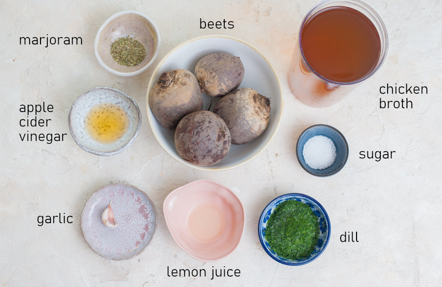 Labeled ingredients needed to prepare beet soup.