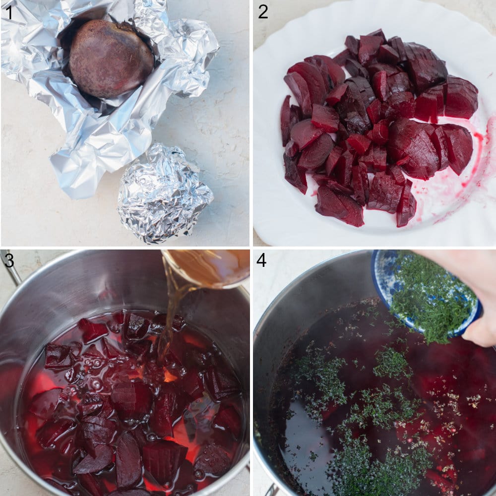 A collage of 4 photos showing how to make a beet soup.