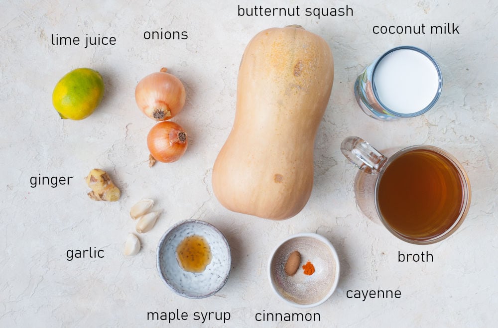 Labeled ingredients for butternut squash soup with coconut milk.