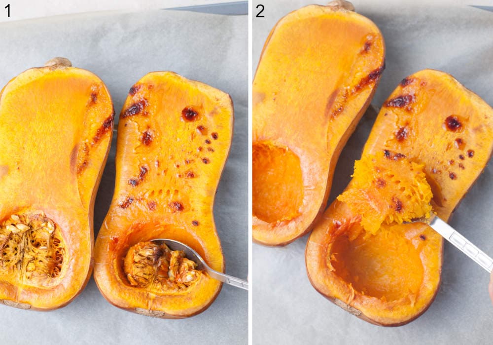 Roasted butternut squash on a piece of parchment paper.
