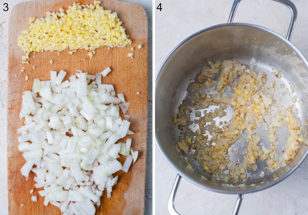 Chopped onions, ginger, and garlic on a wooden board. Sauteed ingredients in a pot.