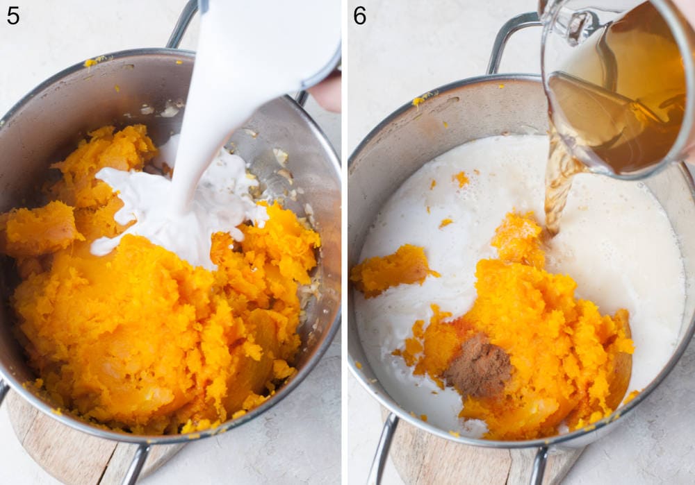 Coconut milk is being added to a pot with roasted butternut squash. Broth is being added to a pot.