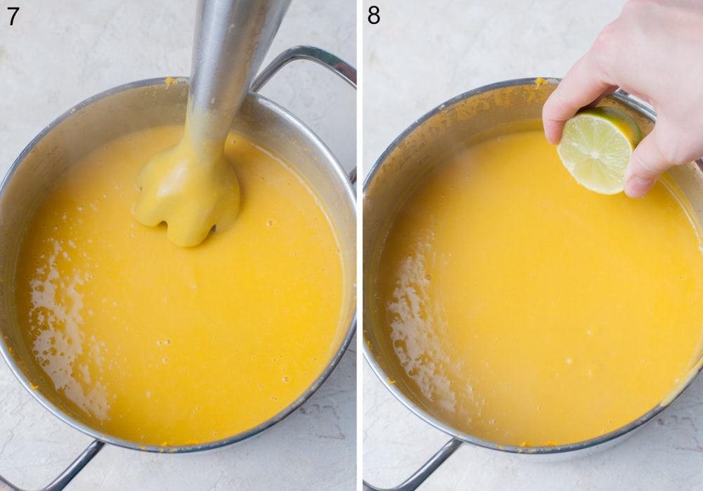 Butternut squash soup is being pureed with a mixer. Soup is being seasoned with lime juice.