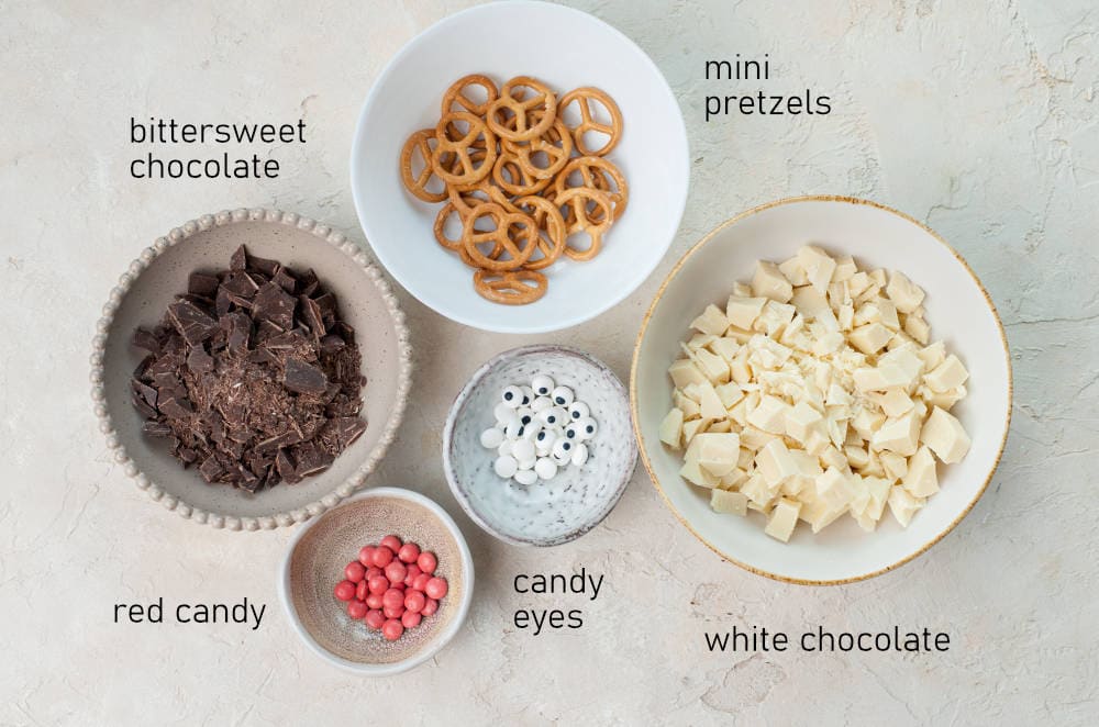 Labeled ingredients for Christmas bark.