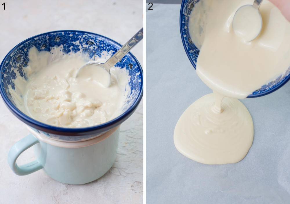 White chocolate is being melted using a double boiler method. Melted chocolate is being poured onto a piece of parchment paper.