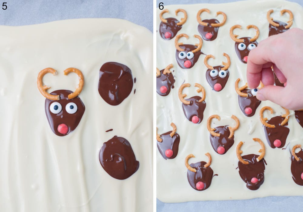 Melted white chocolate with reindeer faces on top made with bittersweet chocolate. Reindeer faces are being decorated with candy eyes.