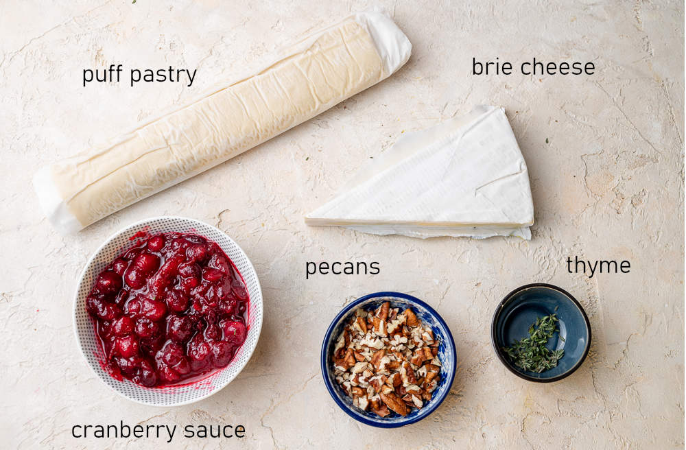 Labeled ingredients for cranberry brie bites.