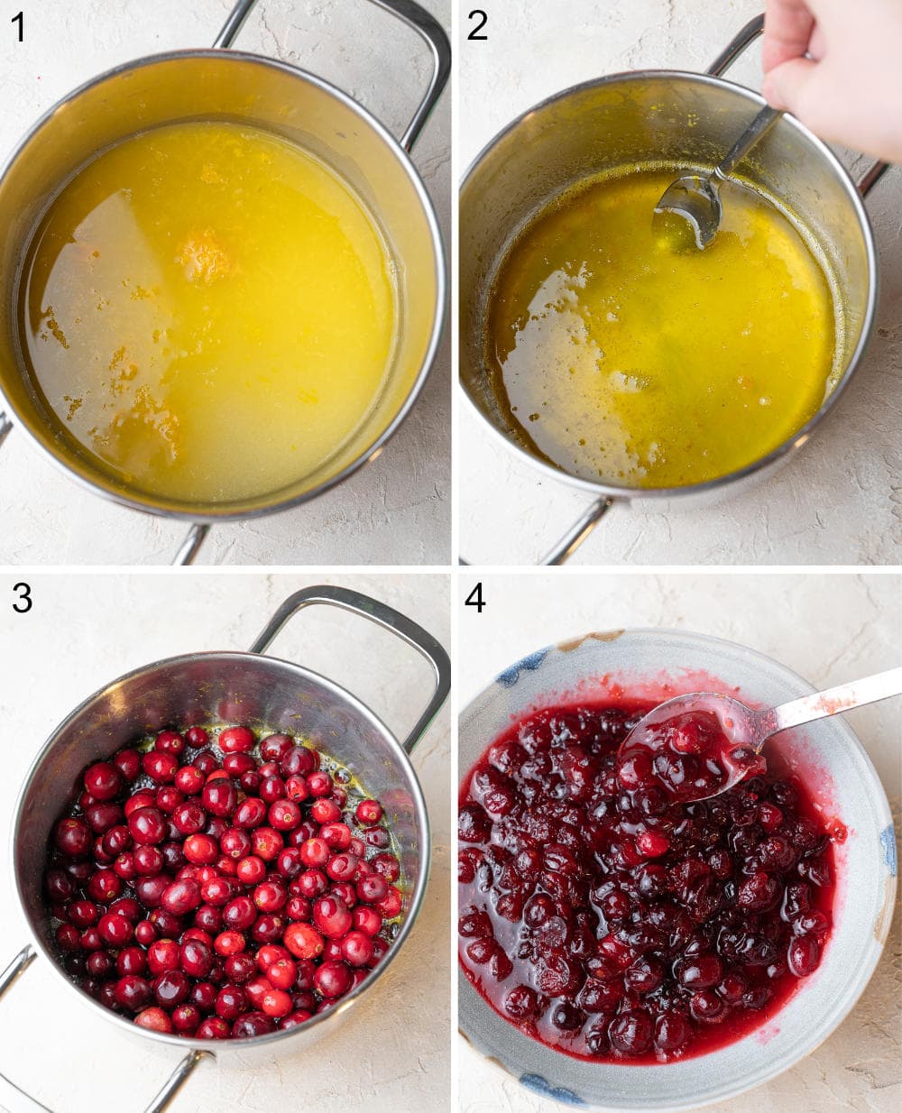 A collage of 4 photos showing how to prepare cranberry orange sauce.
