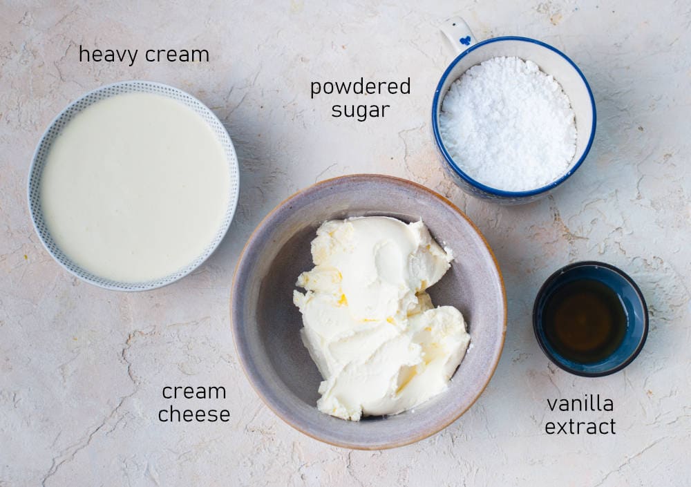 Labeled ingredients for cream cheese crepe filling.