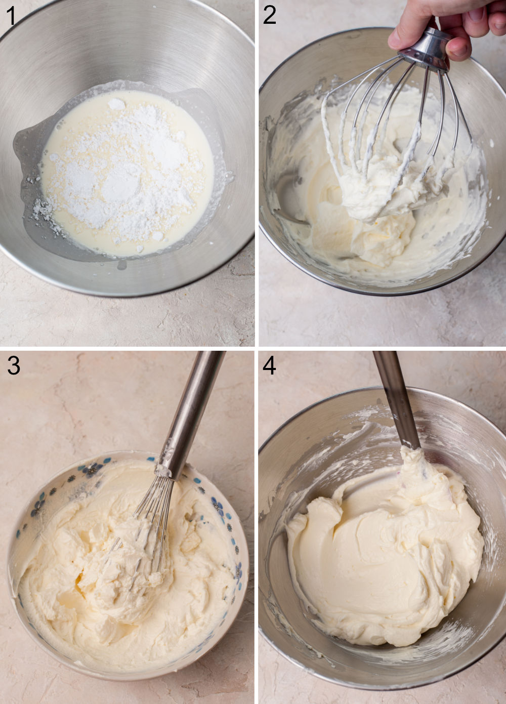 A collage of 4 photos showing how to make cream cheese crepe filling.