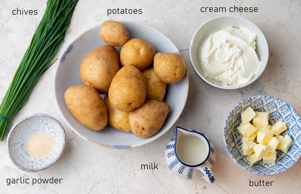 Labeled ingredients for cream cheese mashed potatoes.