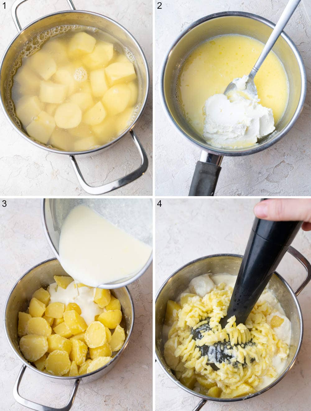 A collage of 4 photos showing how to make cream cheese mashed potatoes step by step.