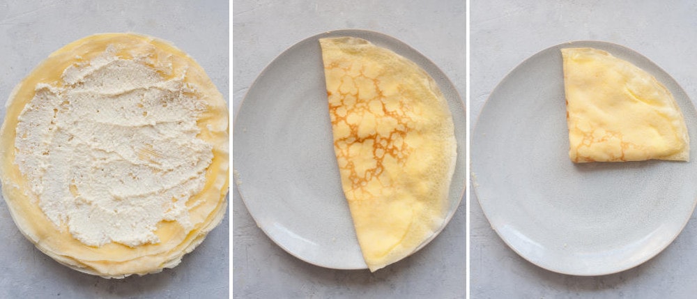 A collage of 3 photos showing how to fold crepes into triangles.