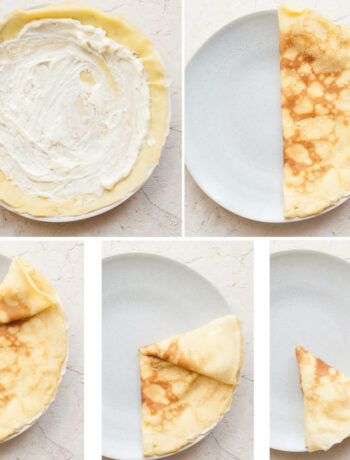 A collage of 5 photos showing how to fold crepes.