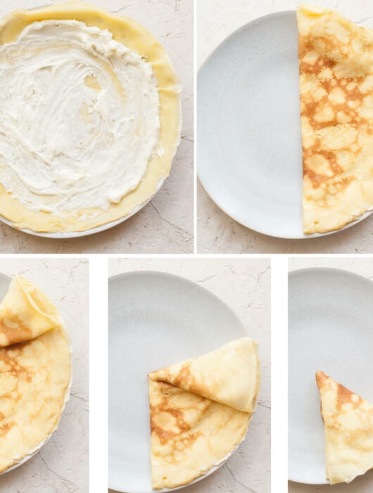 A collage of 5 photos showing how to fold crepes.