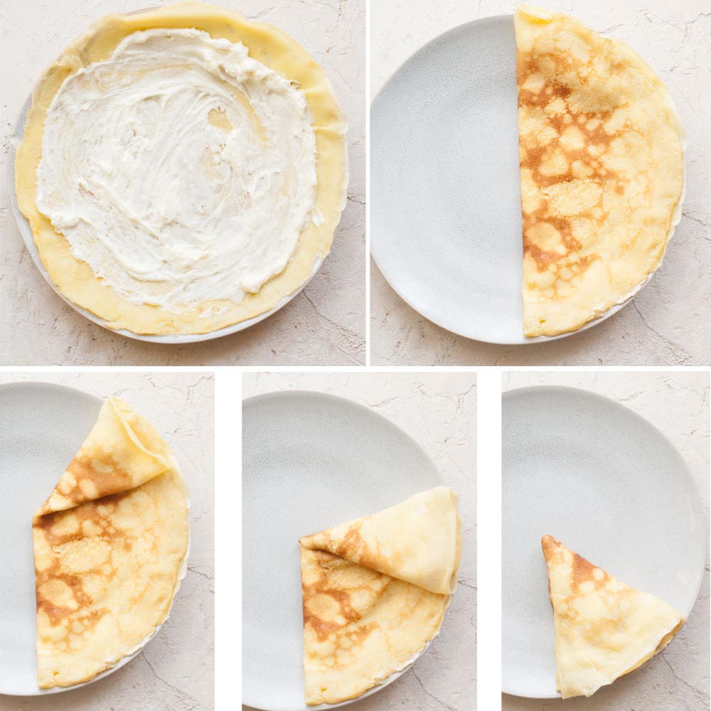 A collage of 5 photos showing how to fold crepes into small triangles.