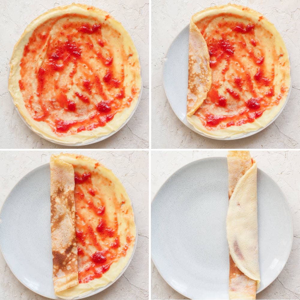 A collage of 4 photos showing how to roll up crepes.