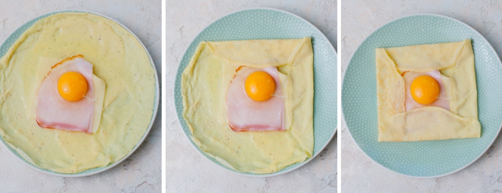 A collage of 3 photos showing how to fold savory crepes in a square overlapping fold.