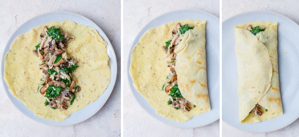 A collage of 3 photos showing how to make fold over fold on crepes.