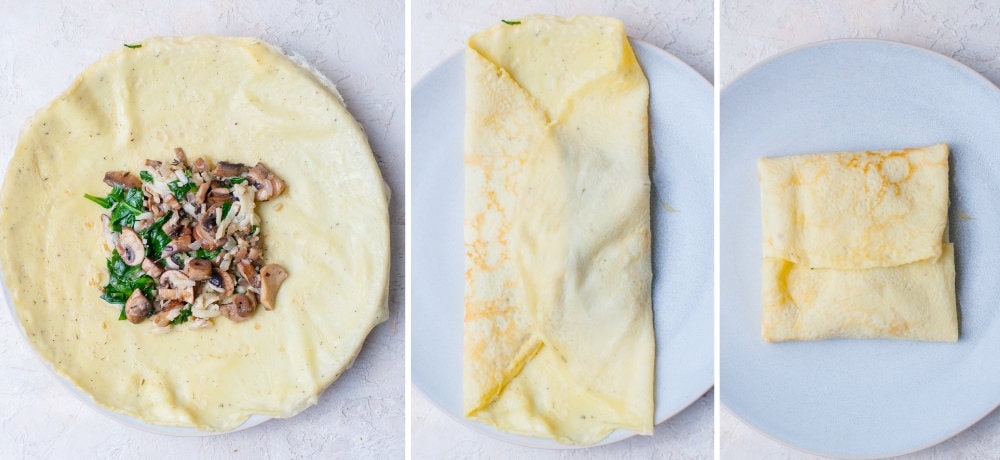 A collage of 3 photos showing how to fold a crepe into a square pocket.