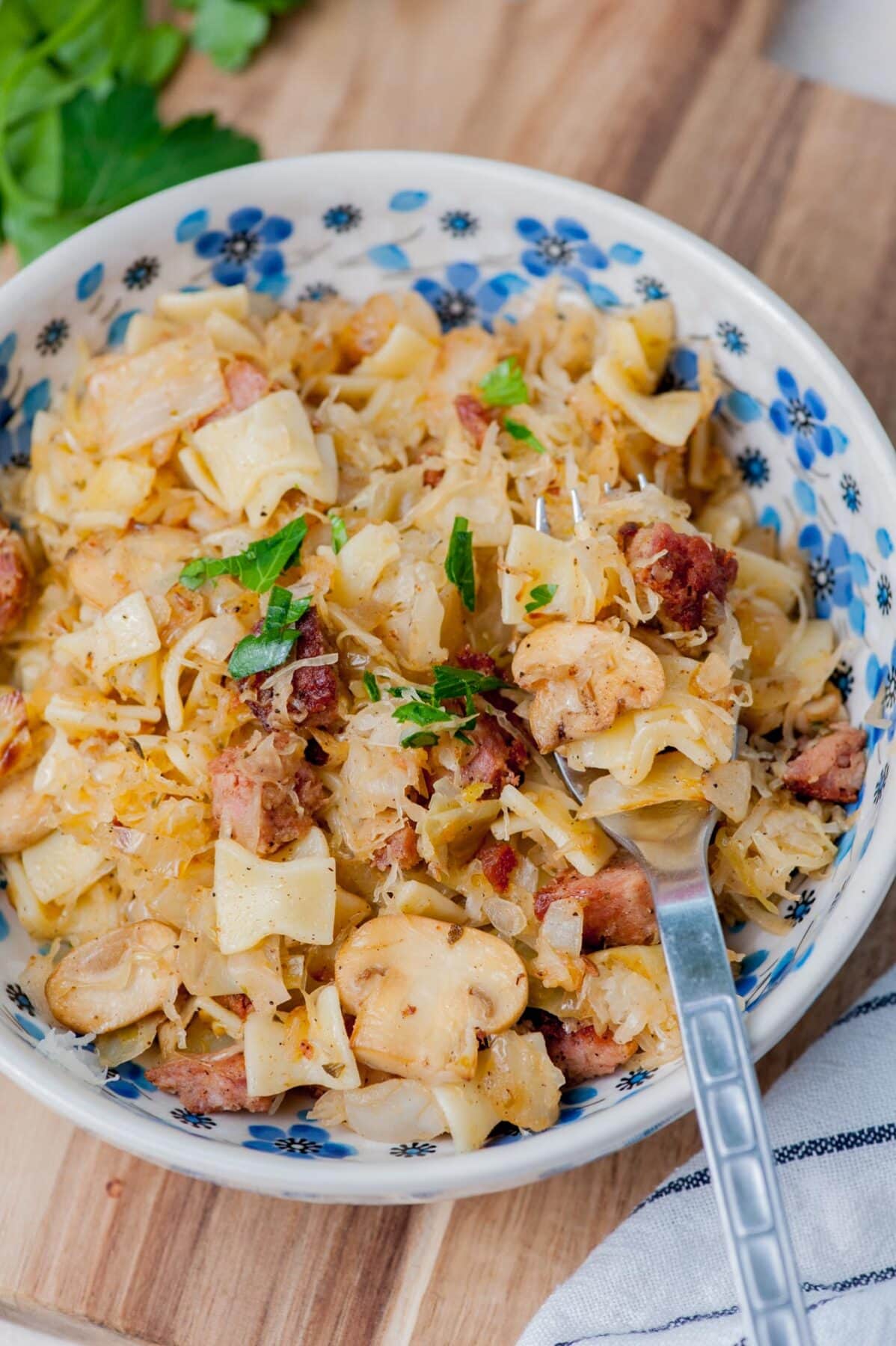Łazanki Polish noodles with cabbage, kiełbasa, and mushrooms
