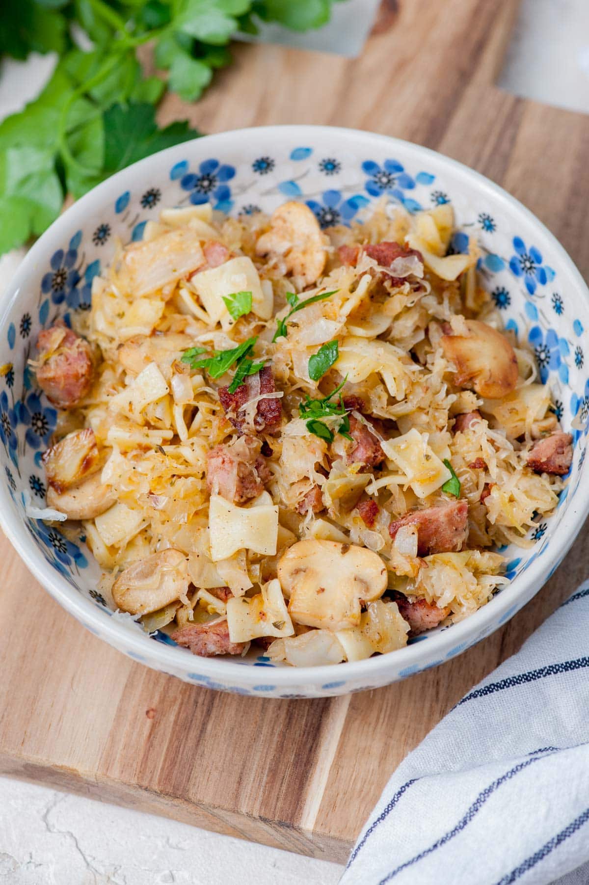 Łazanki - Polish noodles with cabbage, kiełbasa, and mushrooms