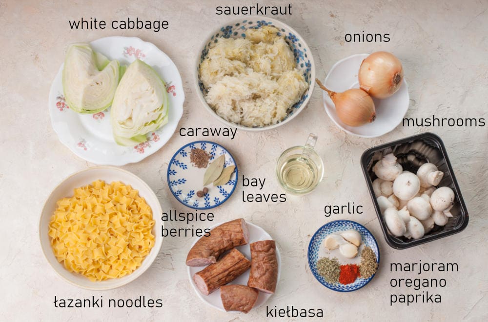 Labeled ingredients for lazanki dish.