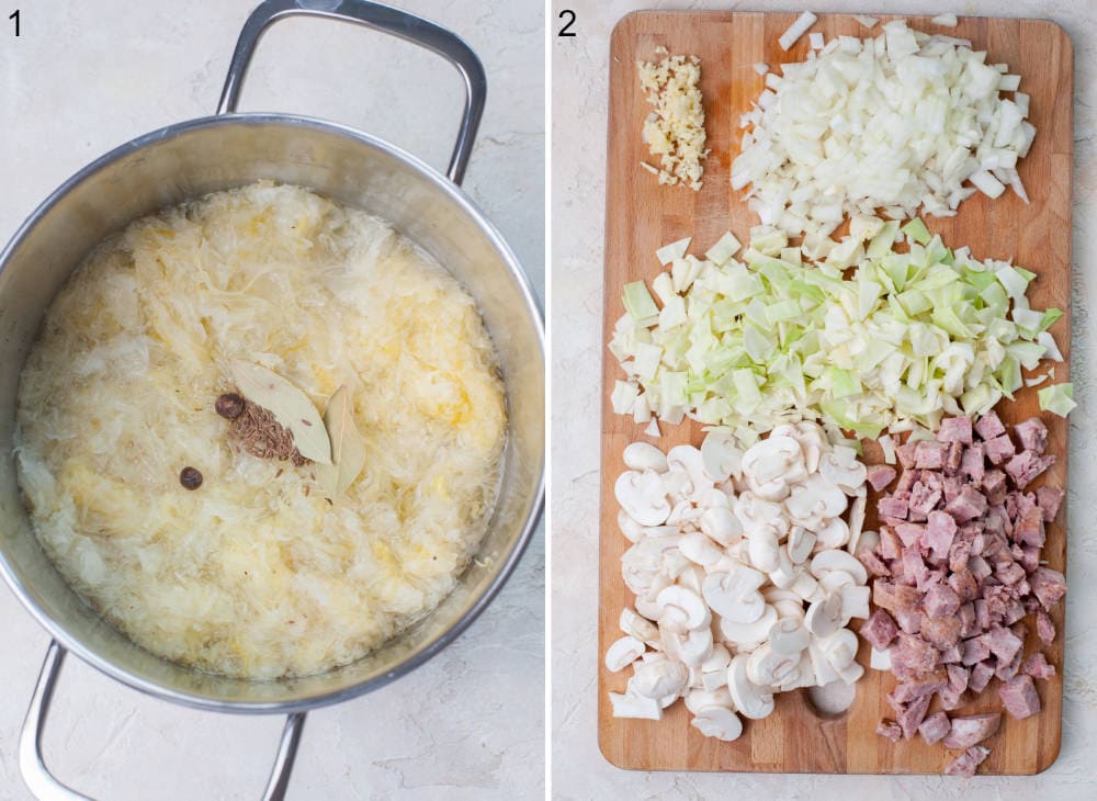 Sauerkraut in a pot. Chopped ingredients for lazanki on a wooden board.