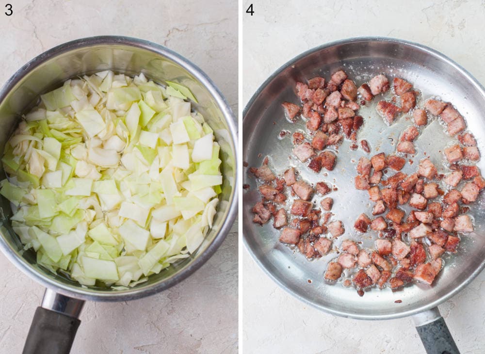 Chopped white cabbage in a pot. Pan-fried kielbasa in a frying pan.